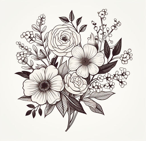 Drawing of a bouquet of flowers in black and white with seeds