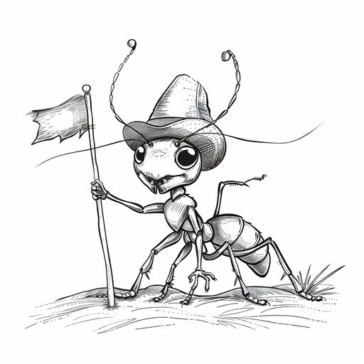 A playful ant with a hat and a small flag