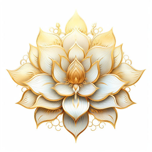Golden lotus flower, intricately illustrated, white background