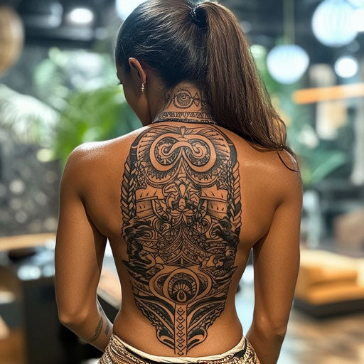 Female back tattoo in Ami James style with Polynesian patterns
