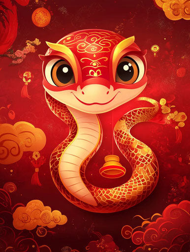 Adorable Chinese snake with colorful clouds and ingots