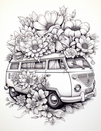 Flower-filled camper van, tristan eaton, dave coverly, robert bissell style, clean sharp inking, groovy, ink wash, realistic detail