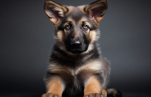 German shepherd puppy sitting on white background