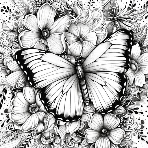Butterfly surrounded by magical elements. Coloring page