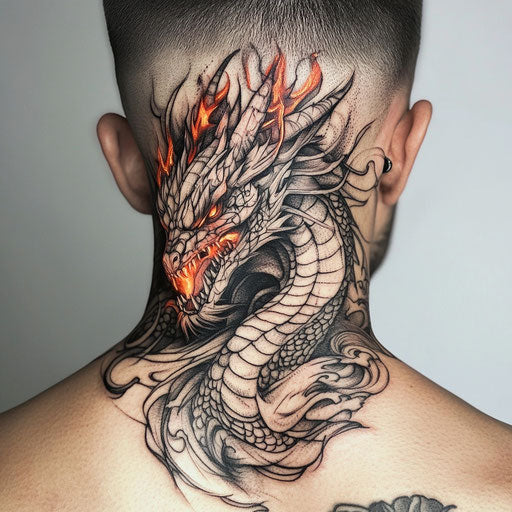 Men's back neck tattoo in Adrian Smith style with dragon head breathing fire