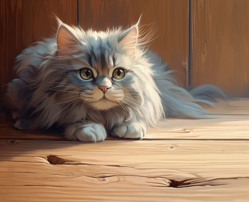 Fluffy cat on wooden floor, dark beige and sky-blue style