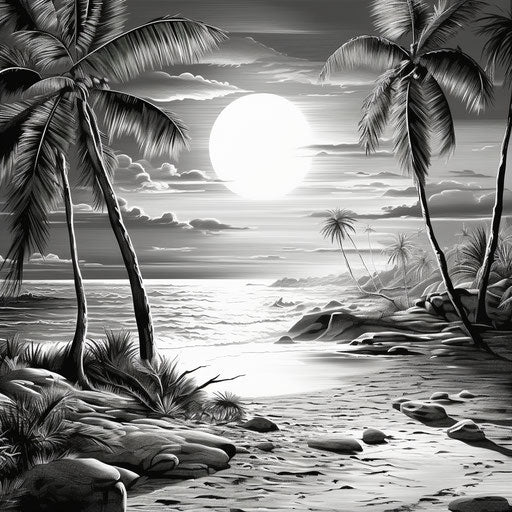 Black and white drawing of a beach with palm trees, in the style of hand-coloring, captivating