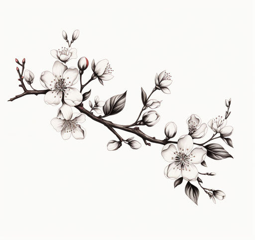 flowering branch, black and white drawing, illustrative style