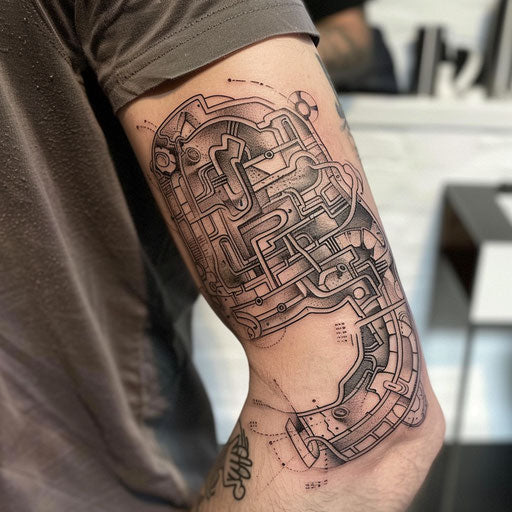 Biomechanical circuit tattoo on elbow, Guy Aitchison style