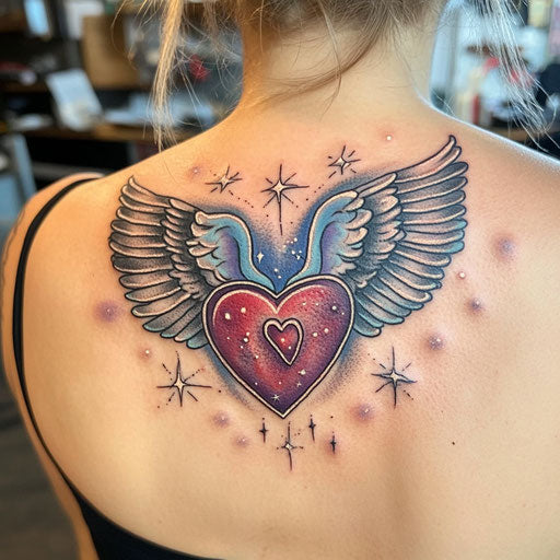 Mom heart tattoo with a heart and angel wings in a celestial sky in the style of Peter Jackson