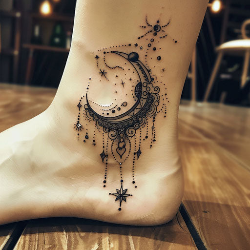Flat tattoo sketch of an ankle bracelet with celestial bodies like planets and stars
