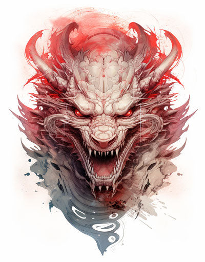 Dragon symbol in ink, multilayered realism, beige red, line-work