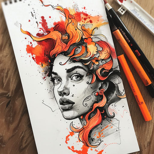 Bold and dramatic tattoo sketch of Aphrodite with fiery red and orange watercolor splashes