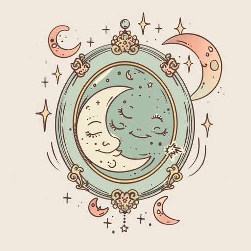Playful tattoo sketch of a mirror with a smiling face, surrounded by whimsical stars and moons, in pastel colors, in a cute clipart style