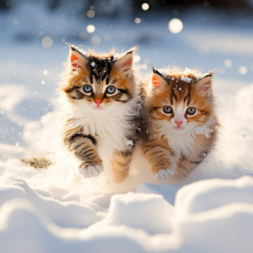 Calico cat kittens playing in the snow