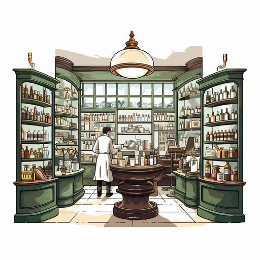 Pharmacy clipart in the style of Chiaroscuro Art, on white background