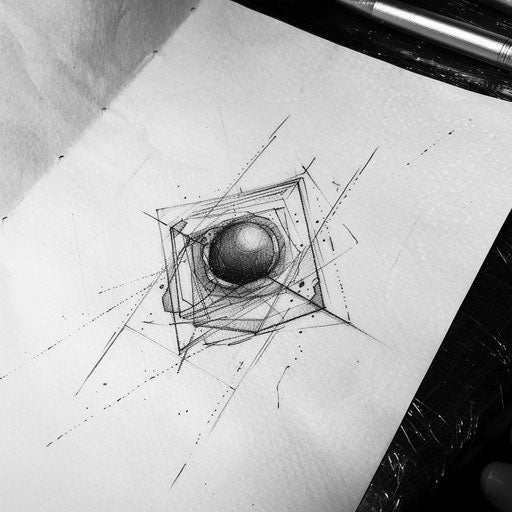 Contemporary flat tattoo sketch of a black pearl in a geometric hexagon setting