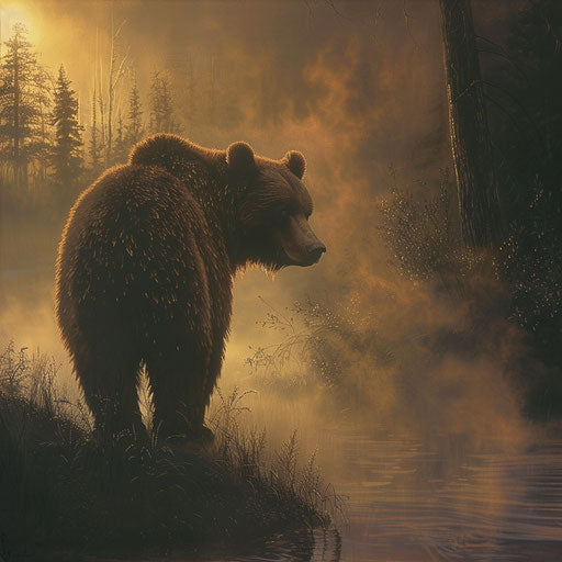 Grizzly bear at edge of misty forest at dawn
