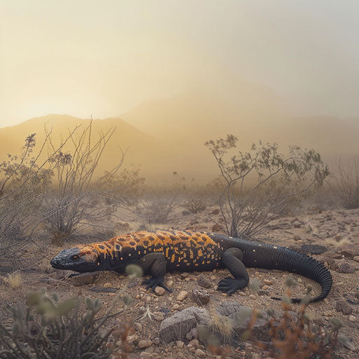 Gila monster in a misty desert morning