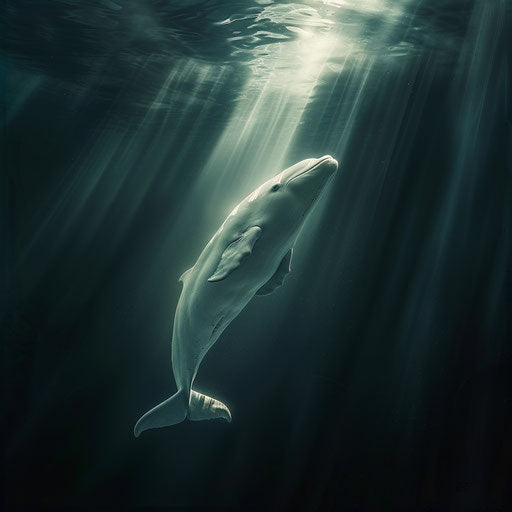 Beluga emerging from depths with filtering light
