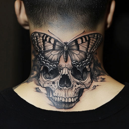 Skull butterfly tattoo on neck with celestial theme