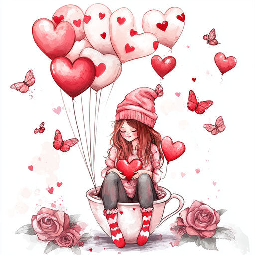 Girl in coffee cup, pink hat, heart balloons