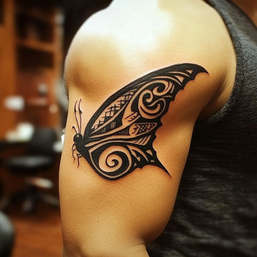 Men's bicep tattoo of butterfly with tribal wings
