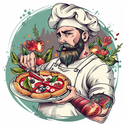 Illustration of a tattoo with an Italian chef holding a pizza, cartoon style, on a white background