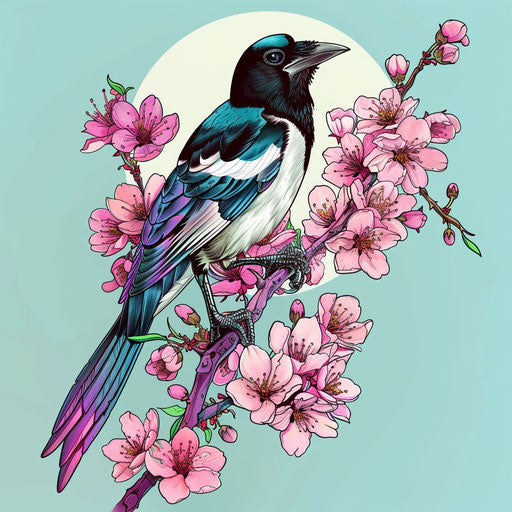 Vibrant flat tattoo of a magpie on a cherry blossom branch