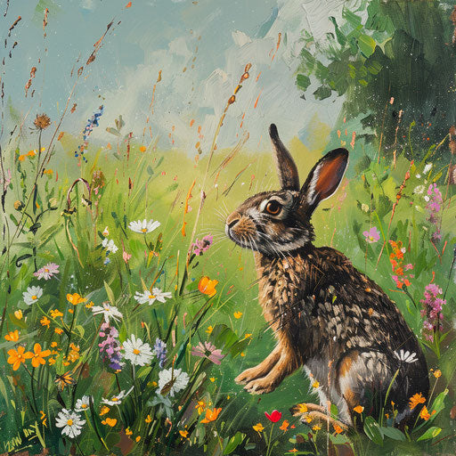 Wildflower meadow with white rabbit sniffing the air