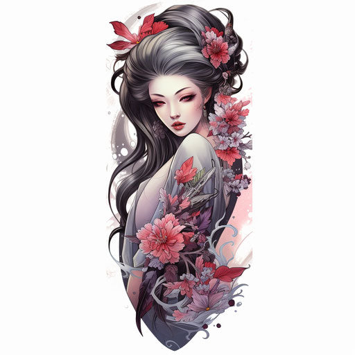 Sleeve tattoo with rooster and flowers, geisha style, feminine art