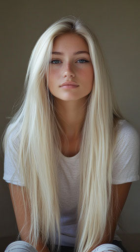 Blond, straight hair with highlights, long blond straight hair, light-colored hair, platinum blond, long, straight, shiny hair, beautiful model, soft