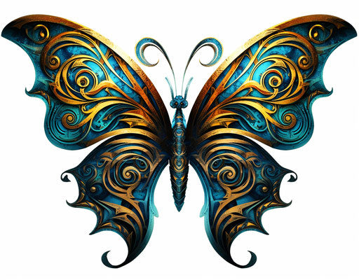 Blue and gold butterfly tattoo, gothic-inspired dayak art