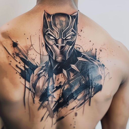 Black panther tattoo with watercolor effects, radiating energy