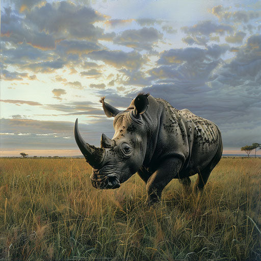 Rhino in lush grassland at dawn
