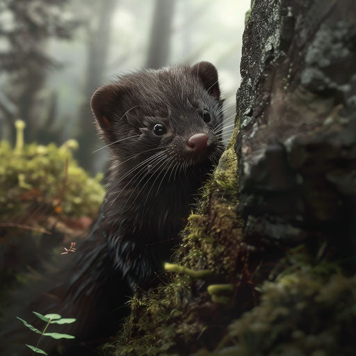 A curious wild mink peeking out from behind a moss-covered rock in a misty forest