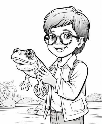 Boy with glasses holding a green frog, groovy 5:6