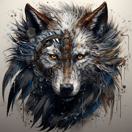 Graffiti web artwork of wolf, knightcore style, metal and feathers