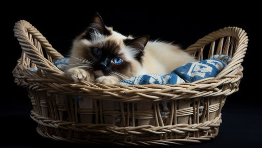 Siamese cat in a basket, soft focal points style