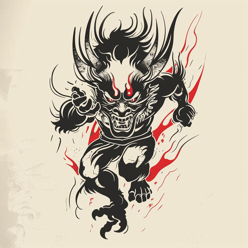 Flat tattoo sketch of a Japanese demon with bold, striking pose