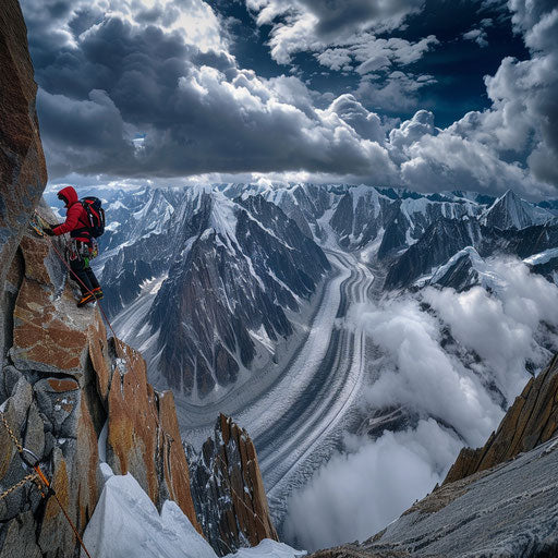 Adventurous climber scaling rugged peaks of Karakoram with dramatic clouds