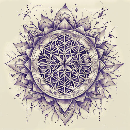Intricate tattoo sketch of the Flower of Life, detailed mandala background