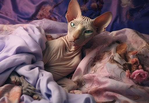 Sphynx cat on a bed, explosive pigment style