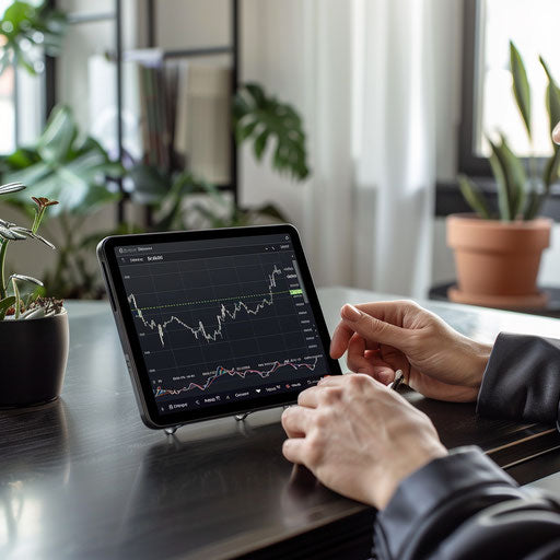 Serene workspace with person reviewing stock market trends on a tablet