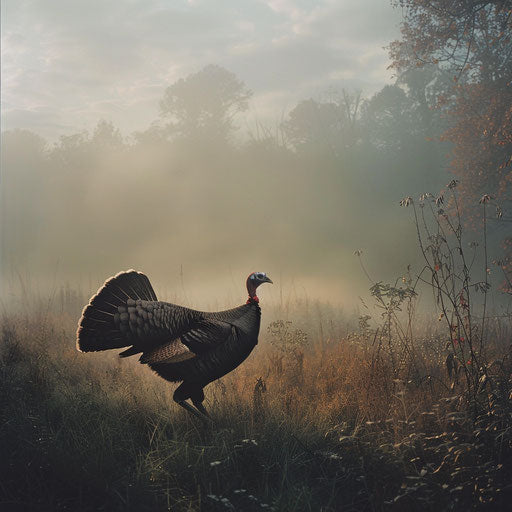 Wild turkey in a misty morning landscape