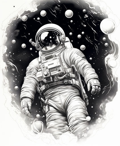 Astronaut in outer space, framed by bubbles