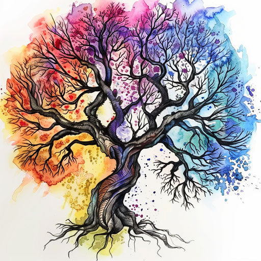 Watercolor and ink tree of life tattoo drawing on canvas