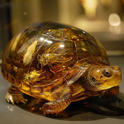 A turtle with a shell made of polished amber, containing prehistoric insects.