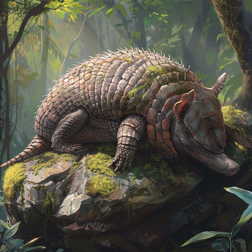 An armadillo sunbathing on a large moss-covered rock