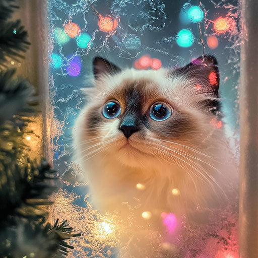 Ragdoll cat gazing through frosted window with holiday lights